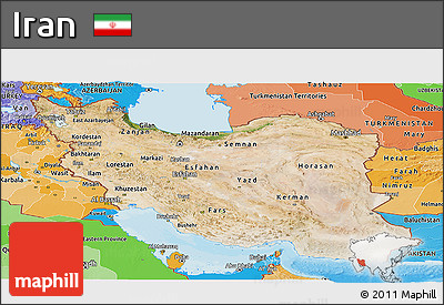 Satellite Panoramic Map of Iran, political shades outside