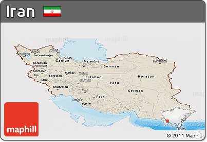 Shaded Relief Panoramic Map of Iran, single color outside, bathymetry sea, shaded relief sea