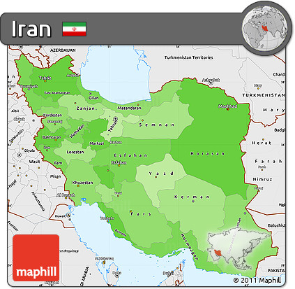 Political Shades Simple Map of Iran, single color outside, borders and labels