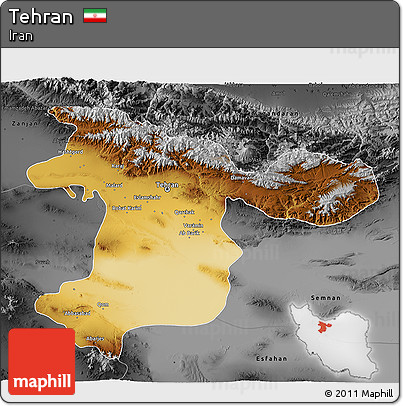 Physical 3D Map of Tehran, darken, desaturated