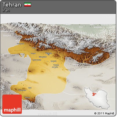 Physical 3D Map of Tehran, lighten, semi-desaturated