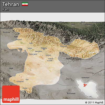Satellite 3D Map of Tehran, darken, semi-desaturated