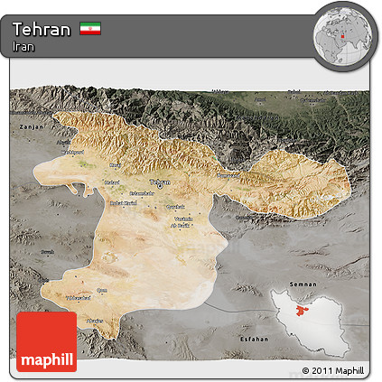 Satellite 3D Map of Tehran, darken, semi-desaturated