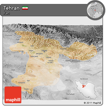 Satellite 3D Map of Tehran, desaturated