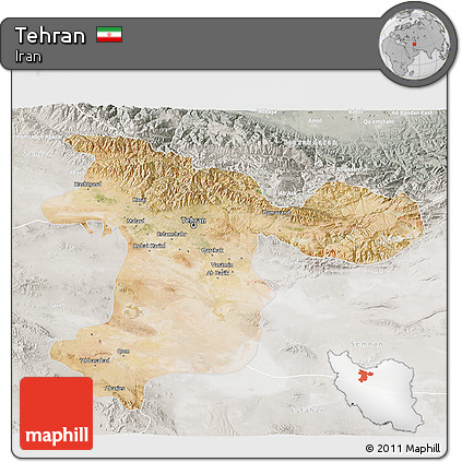 Satellite 3D Map of Tehran, lighten, semi-desaturated