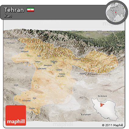 Satellite 3D Map of Tehran, semi-desaturated