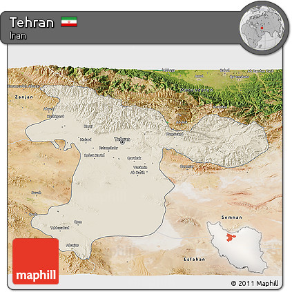 Shaded Relief 3D Map of Tehran, satellite outside