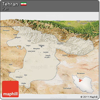 Shaded Relief 3D Map of Tehran, satellite outside