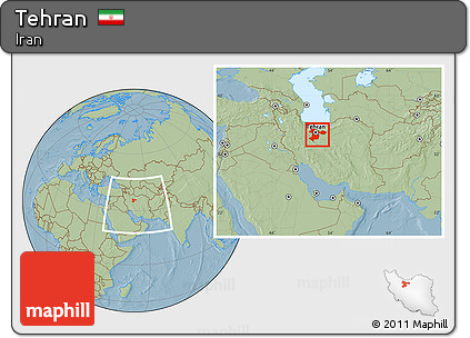 Savanna Style Location Map of Tehran, within the entire country, hill shading