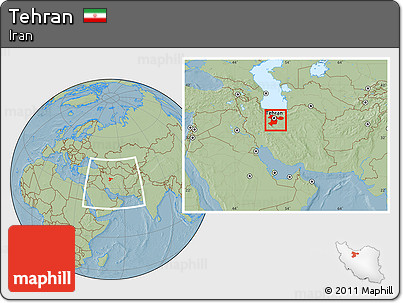 Savanna Style Location Map of Tehran, within the entire country, hill shading