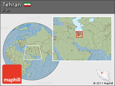 Savanna Style Location Map of Tehran, within the entire country, hill shading