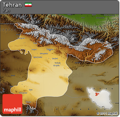 Physical Map of Tehran, darken