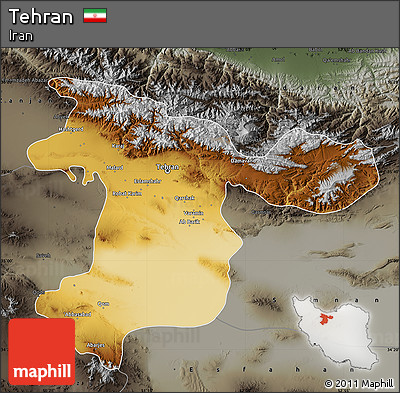 Physical Map of Tehran, darken, semi-desaturated