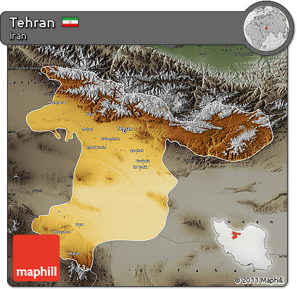 Physical Map of Tehran, darken, semi-desaturated