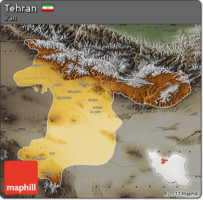 Physical Map of Tehran, darken, semi-desaturated