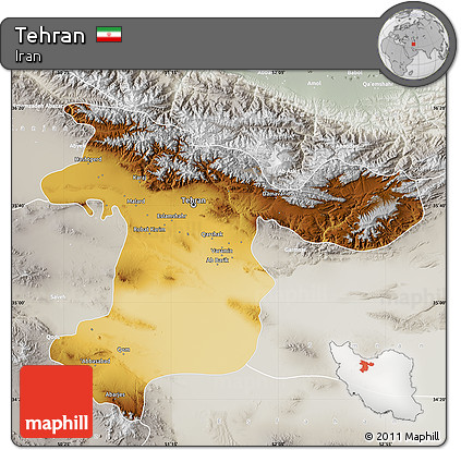 Physical Map of Tehran, lighten, semi-desaturated