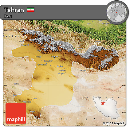 Physical Map of Tehran, satellite outside
