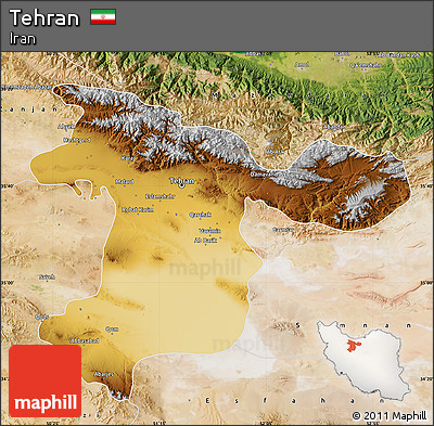 Physical Map of Tehran, satellite outside