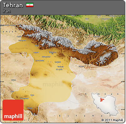 Physical Map of Tehran, satellite outside