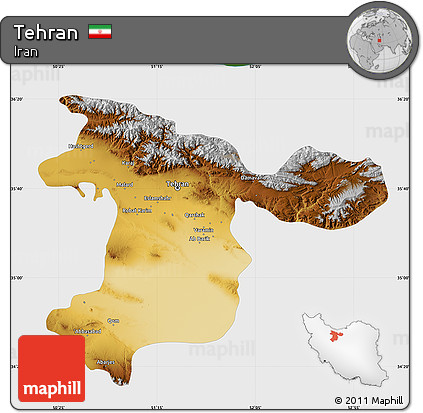 Physical Map of Tehran, single color outside