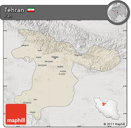 Shaded Relief Map of Tehran, lighten, semi-desaturated