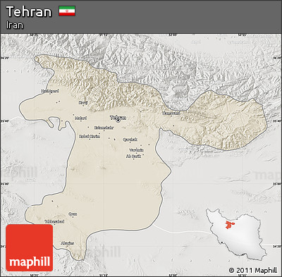 Shaded Relief Map of Tehran, lighten, semi-desaturated