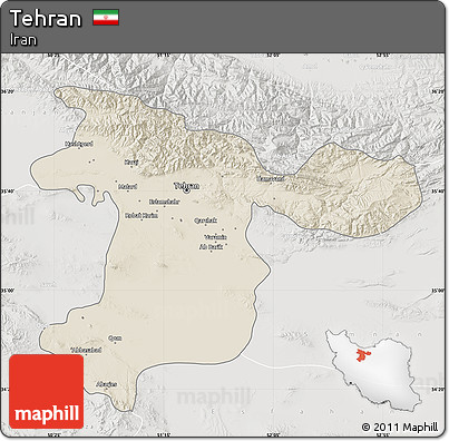 Shaded Relief Map of Tehran, lighten, semi-desaturated