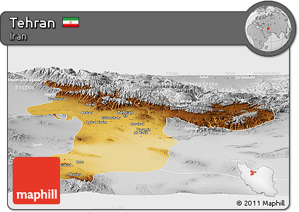 Physical Panoramic Map of Tehran, lighten, desaturated
