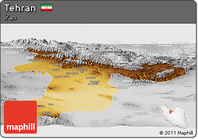 Physical Panoramic Map of Tehran, lighten, desaturated