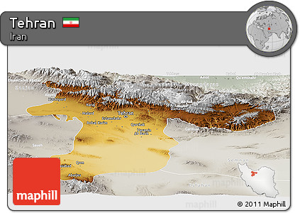 Physical Panoramic Map of Tehran, lighten, semi-desaturated
