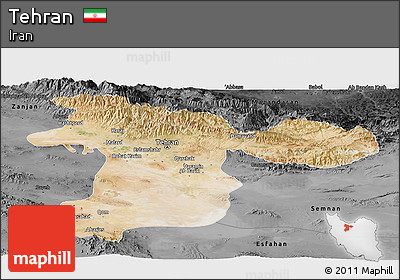 Satellite Panoramic Map of Tehran, darken, desaturated