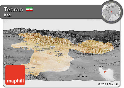 Satellite Panoramic Map of Tehran, darken, desaturated