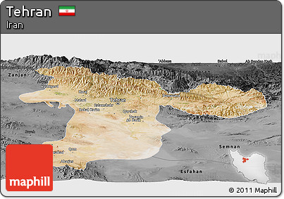Satellite Panoramic Map of Tehran, darken, desaturated