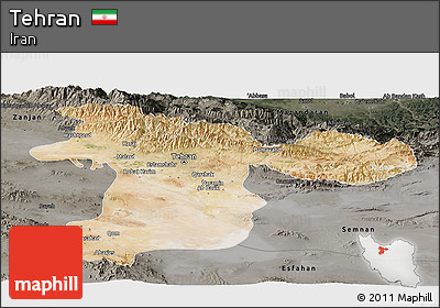 Satellite Panoramic Map of Tehran, darken, semi-desaturated