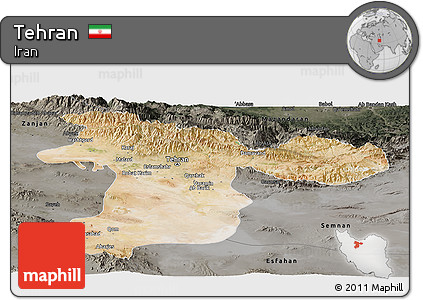 Satellite Panoramic Map of Tehran, darken, semi-desaturated