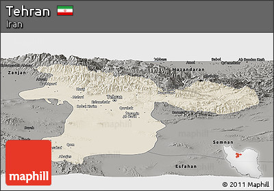 Shaded Relief Panoramic Map of Tehran, darken, semi-desaturated