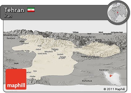 Shaded Relief Panoramic Map of Tehran, darken, semi-desaturated