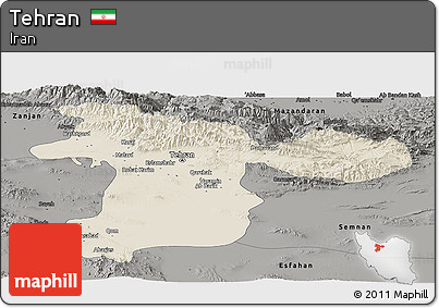Shaded Relief Panoramic Map of Tehran, darken, semi-desaturated
