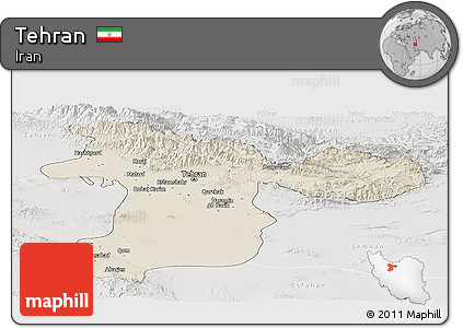 Shaded Relief Panoramic Map of Tehran, lighten, semi-desaturated