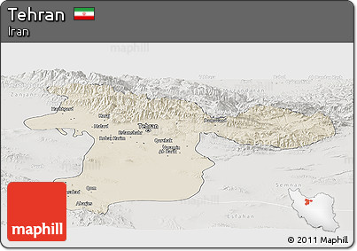 Shaded Relief Panoramic Map of Tehran, lighten, semi-desaturated