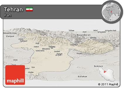 Shaded Relief Panoramic Map of Tehran, semi-desaturated