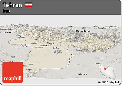 Shaded Relief Panoramic Map of Tehran, semi-desaturated