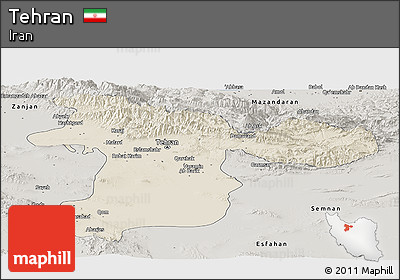 Shaded Relief Panoramic Map of Tehran, semi-desaturated
