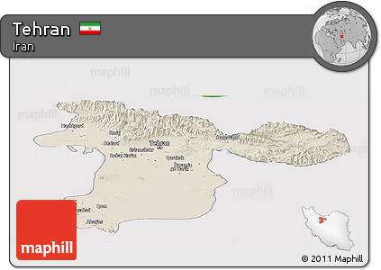 Shaded Relief Panoramic Map of Tehran, single color outside