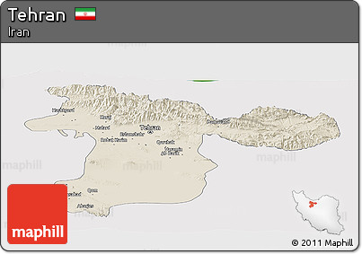 Shaded Relief Panoramic Map of Tehran, single color outside