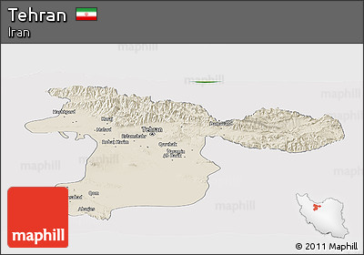 Shaded Relief Panoramic Map of Tehran, single color outside