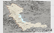 Shaded Relief Panoramic Map of West Azarbayejan, darken, semi-desaturated