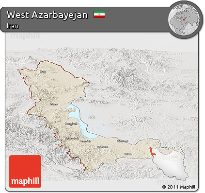 Shaded Relief Panoramic Map of West Azarbayejan, lighten, semi-desaturated