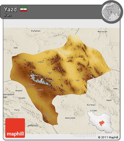 Physical 3D Map of Yazd, shaded relief outside