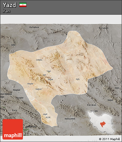 Satellite 3D Map of Yazd, darken, semi-desaturated